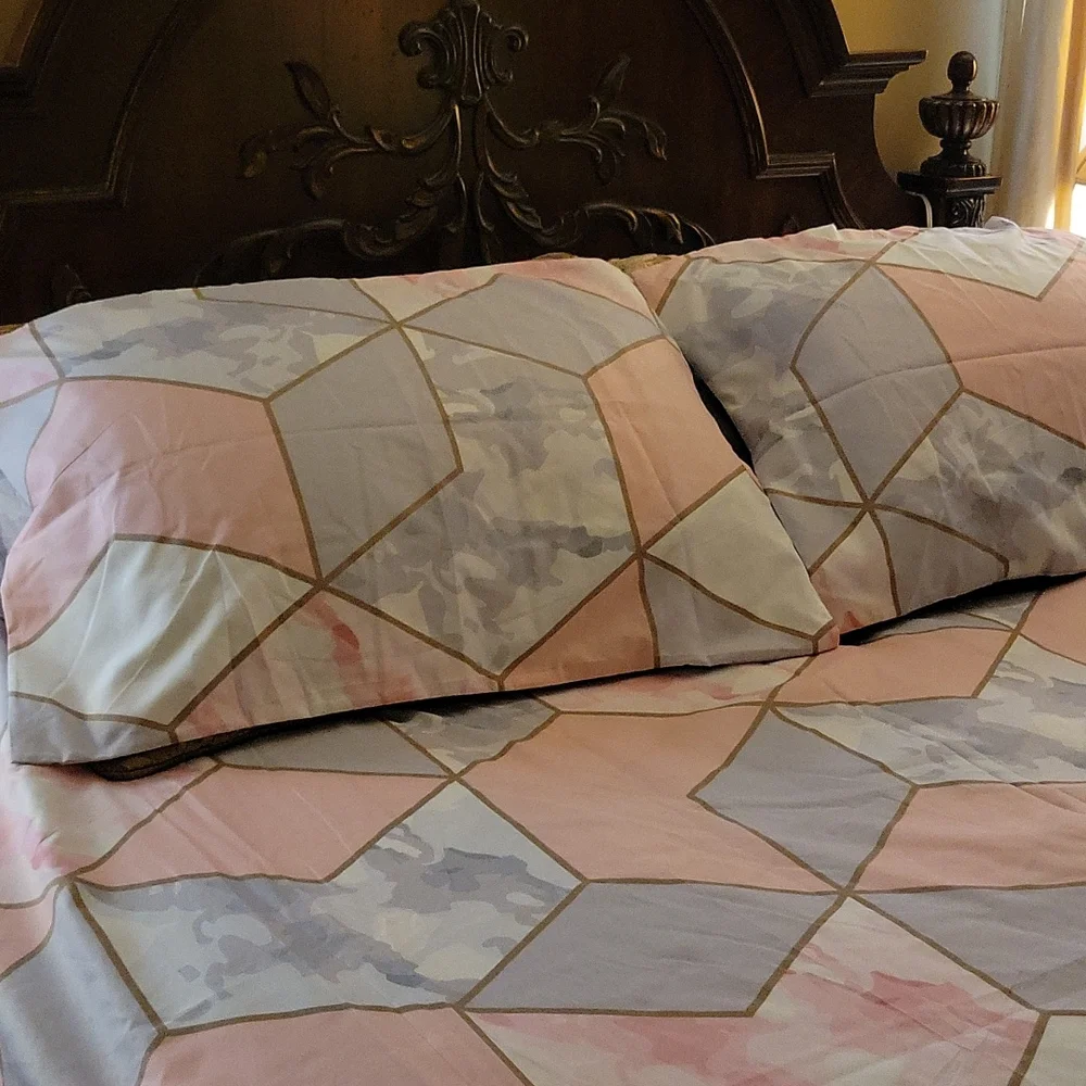 PINK & GRAY TRIANGLE 3 pc Duvet Cover Set zipper QUEEN 2 pillowcase cotton NEW…